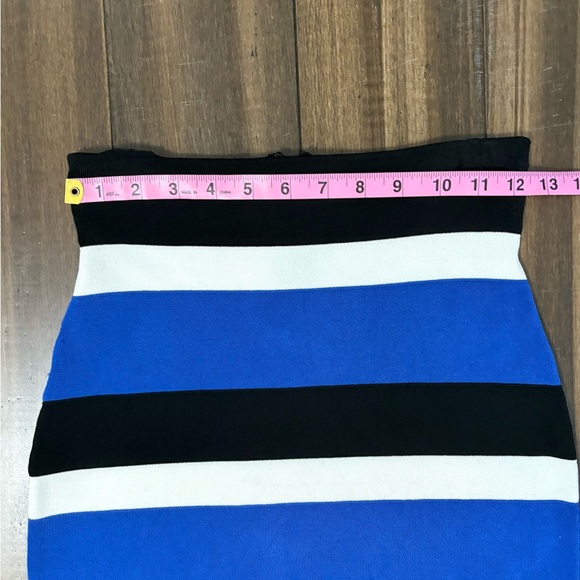 INC Sz S Mini Bodycon Skirt Blue Black & White Striped Stretchy Zip Up High Rise - Picture 2 of 9